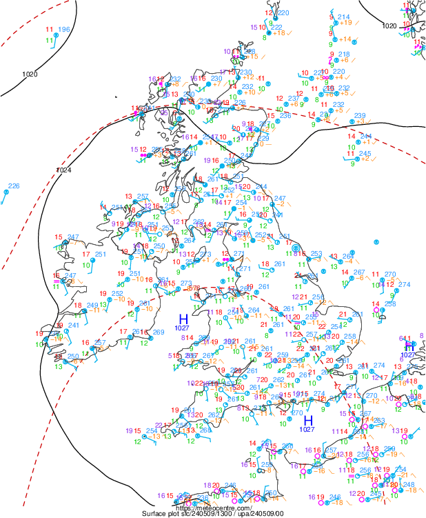 Latest weather chart of surface pressure over UK
