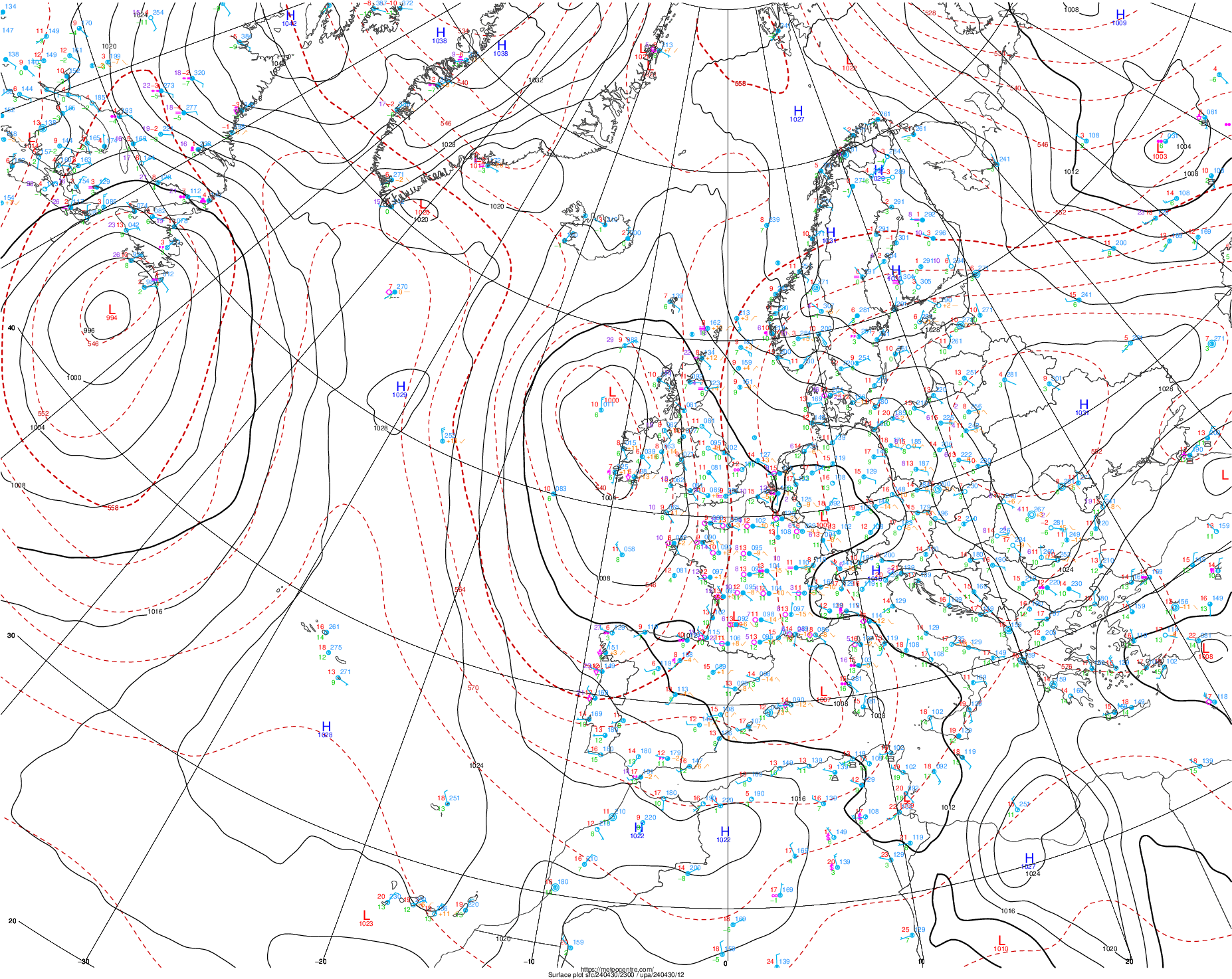 Latest weather chart of surface pressure over North Atlantic and Europe